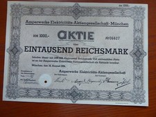 Aktie Amperwerke-Elektricit&auml;ts-AG, 1000 RM, M&uuml;nchen 16.8.1934