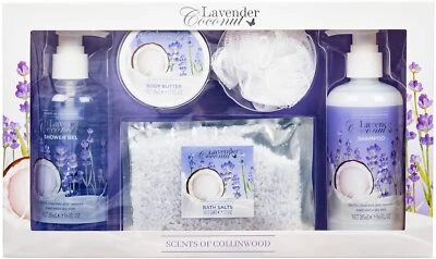 SCENTS OF COLLINWOOD 5 Piece Women’s Lavender Coconut Scent Bath Box Set Shower Gel Body Butter Salts