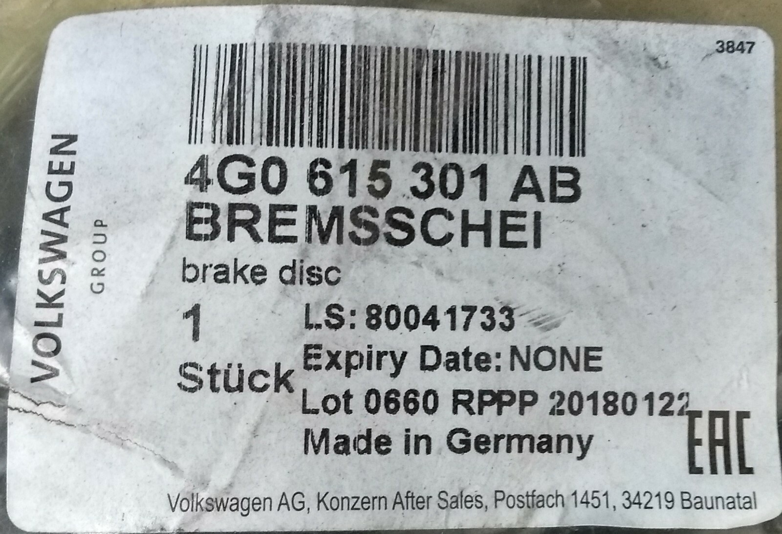 Genuine Audi Front Brake Disc 4G0615301AB for sale online | eBay