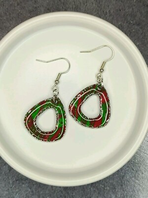 Polymer Weihnachts-Ohrringe Grün Rot Mit Glitzer, mit Harz übergossen, DIY