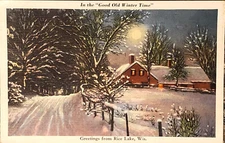 Greetings From Rice Lake Wisconsin Postcard Snow Covered VTG 1940s Linen Posted
