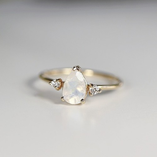 Pear Cut Moonstone 14K Yellow Gold Plated silver Art Deco Proposal Ring - Picture 4 of 6