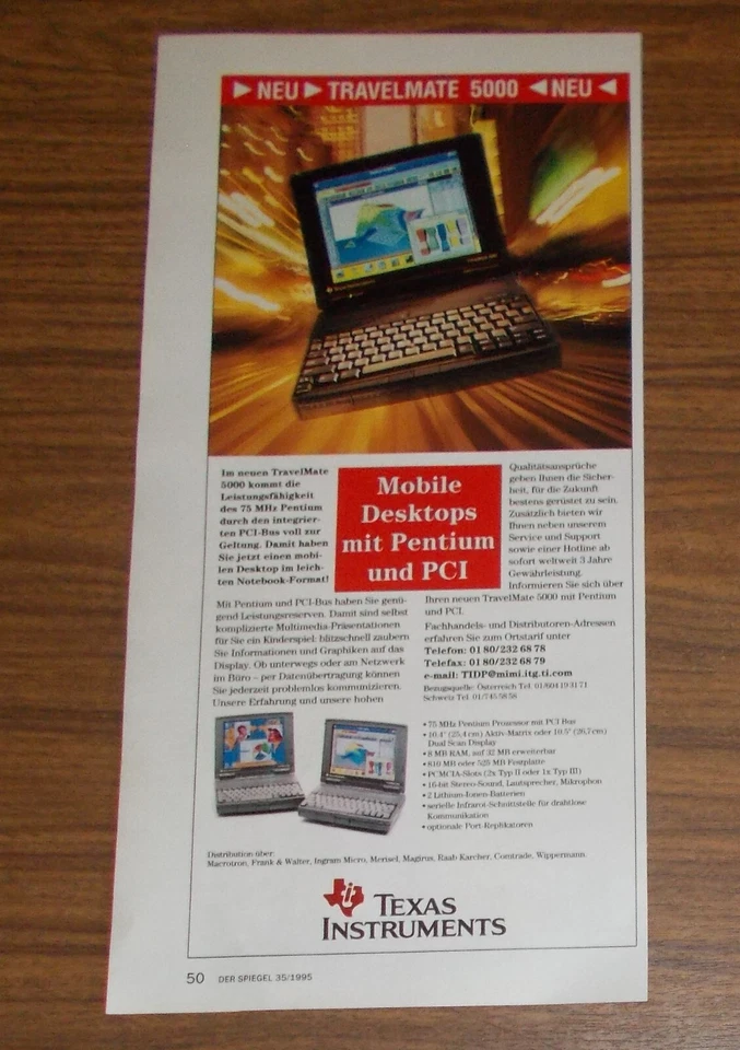 Seltene Werbung TEXAS INSTRUMENTS TRAVELMATE 5000 Notebook 1995 - Bild 1 von 1