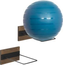 Set of 2, Wood  Black Metal Wire Exercise Stability Ball Wall Storage Holder