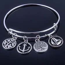 Expandable Wire Bangle Bracelet Silver Plated Tree of Life Anchor Sailboat Hand