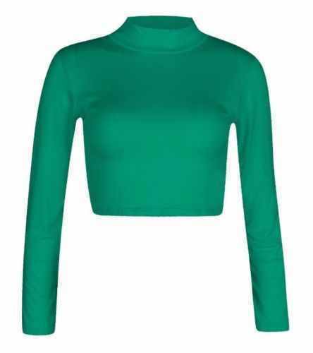 LADIES WOMENS LONG SLEEVE PLAIN POLO TURTLE NECK ROLL NECK CROP TOP JUMPER - Picture 20 of 22