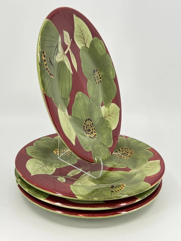 4 дизайнерские салатные тарелки Olivia LAURIE GATES темно-бордовые и зеленые тарелки цветок 8,5 дюйма - Изображение 4 из 4