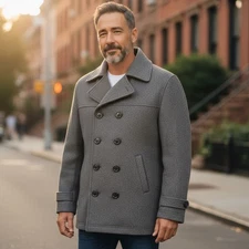 Vintage Arjun Men's Dark Grey Double Breasted Wool Blend Peacoat Jacket 2XL New