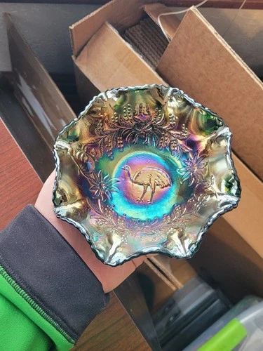 Pretty Black Amethyst Crown Crystal Carnival Glass Australian Emu Sauce Bowl