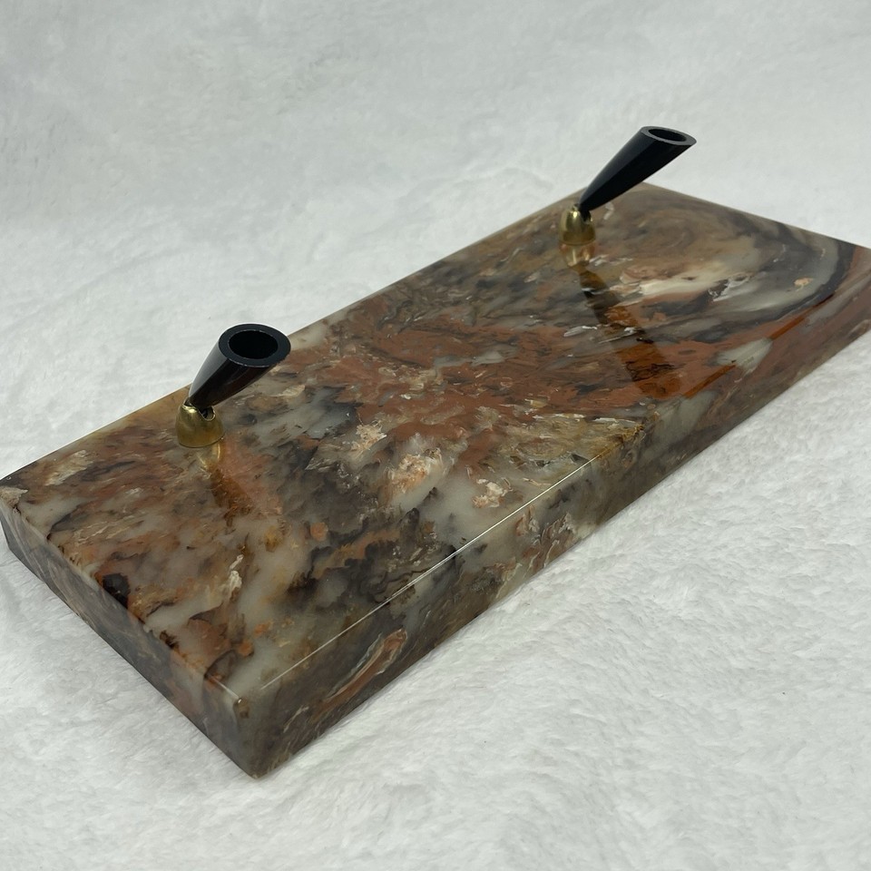 A marble-look 'Ultra Stone' double pen base with gold accents — this is the desk pen holder that a 1960s movie executive would have kept front and center.