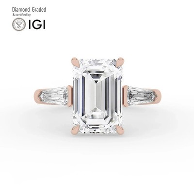 Emerald Diamond Trilogy Ring 14k Rose Gold Labgrown 5.70 Ct Solitaire