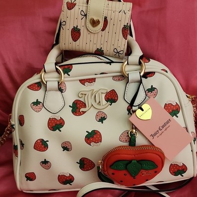 Juicy Couture White Strawberry Print Satchel W/ matching wallet. Cute coin purse