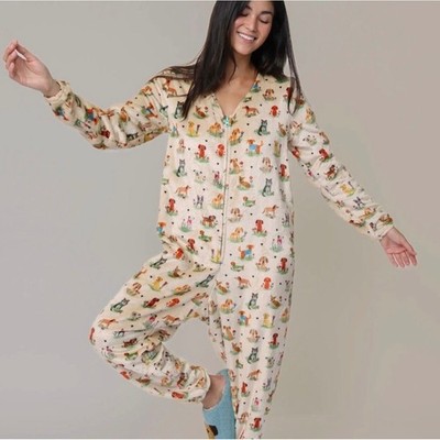 Natural Life Lounge Pajamas Small Beige Dog Floral Fleece Jumpsuit  Jumper