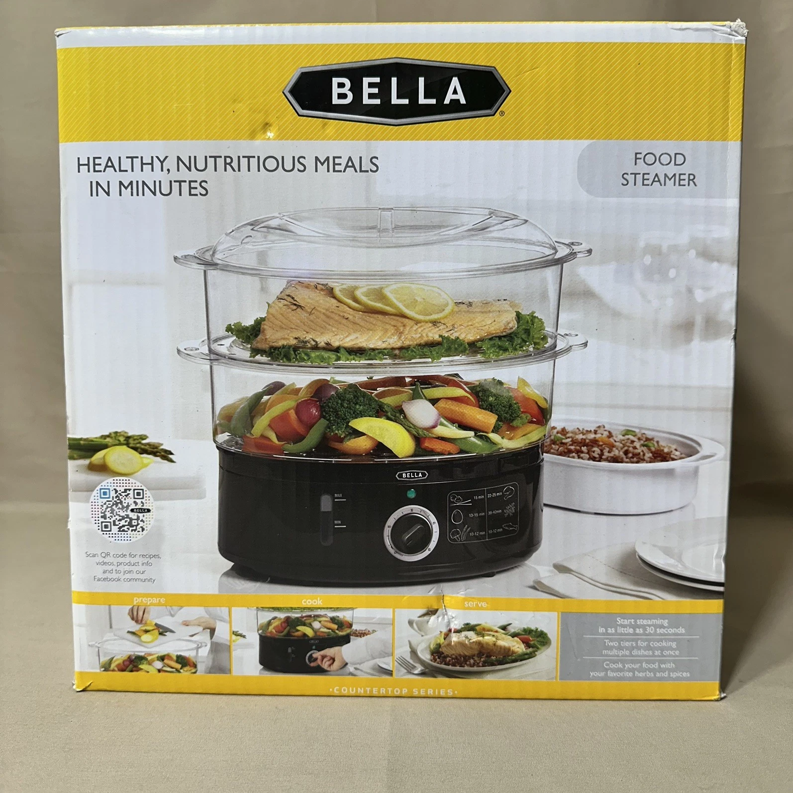 BELLA Two Tier Food Steamer Fast Healthy Safe Cooking Dry Protection Black 7.4QT