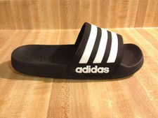 Adidas Boys Girls 2J Adilette Black Slip On White Stripe Slide Shower Sandals