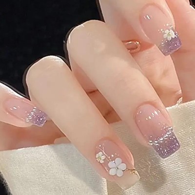 24 Stück elegante lila Farbverlauf quadratische Press-On Nägel Blumen & Strass Akzente