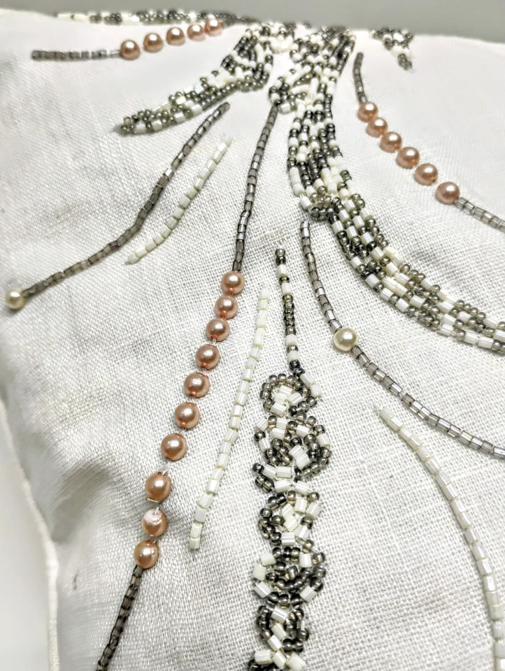 Sferra Lonna Decorative Beaded Pillow 20 X 20" Snow White Linen Designer New - Image 2 of 4