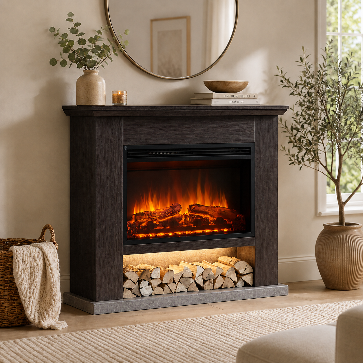 Electric Fireplace Suite 39 Inch Espresso Oak 2kW Heater LED Flame Remote Fire