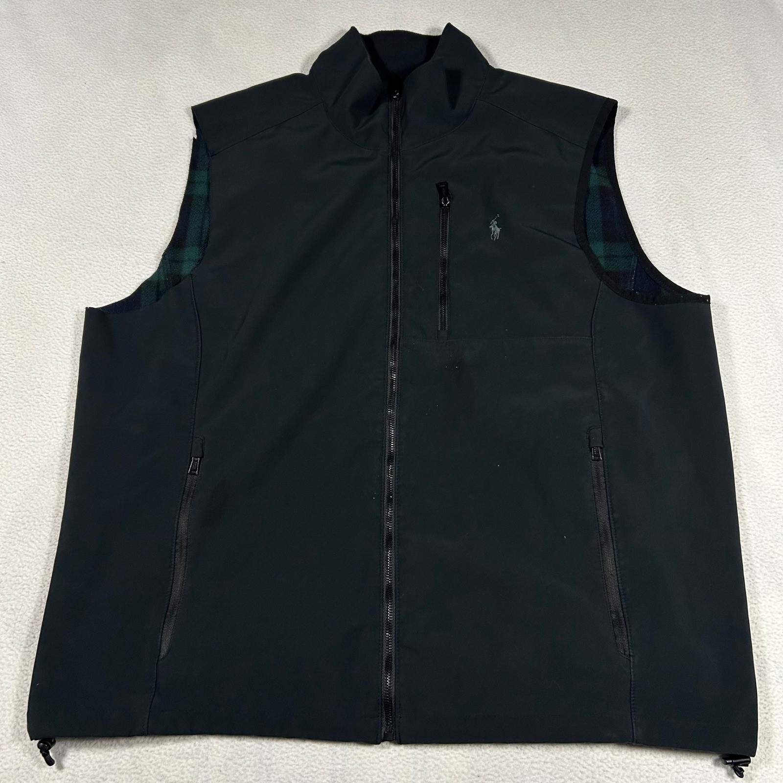 Polo Ralph Lauren Softshell Vest Mens XXL Black Plaid Fleece Lined Full Zip READ