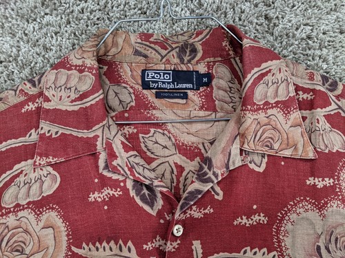 Polo Ralph Lauren vintage anni 90 lino camp shirt media "oversized" colletto ad anello floreale - Foto 3 di 9