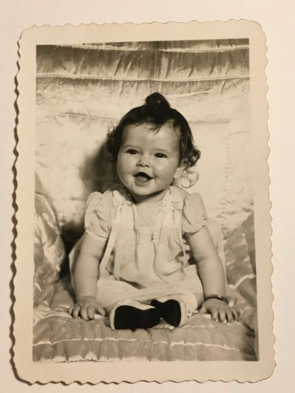 Vtg Photo Cute Baby Girl Big Smile Sitting Up For Portrait Little Baby Shoes 