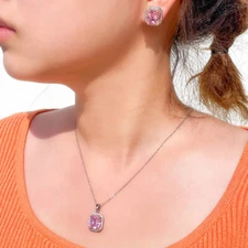 Lady Pink Square Stud Earrings Necklace Cubic Zirconia Silver Plated Jewelry Set