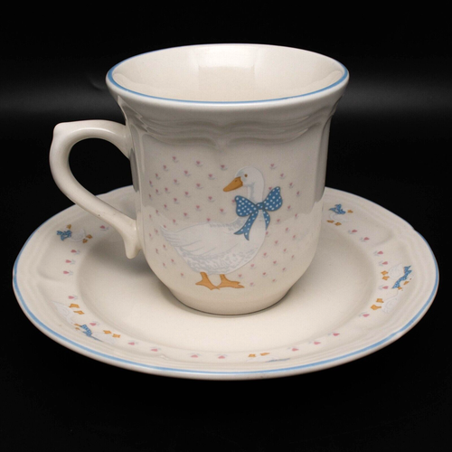 Vintage Aunt Rhody Brick Oven Stoneware Goose Coffee Cup Mug & Saucer