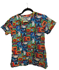 Halloween Scrubs Top Size Small Trick or Treat Spider Ghost V-Neck Ghost Cat