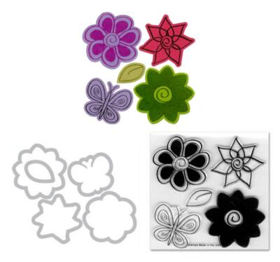 5 Stanzschablonen Blumen Flower Sets mit passenden Clear Stamps Sizzix Framelits