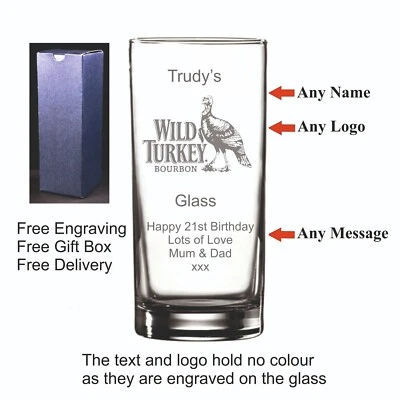 PERSONALISED HIGHBALL GLASS Personalised Wild Turkey Hi ball Glass, Birthday 18th 21st 30th Christmas Gift