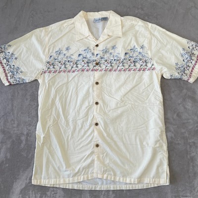 Vintage OP Ocean Pacific Hawaiian Shirt Men 2XL Cream Floral Short Sleeve NWOT