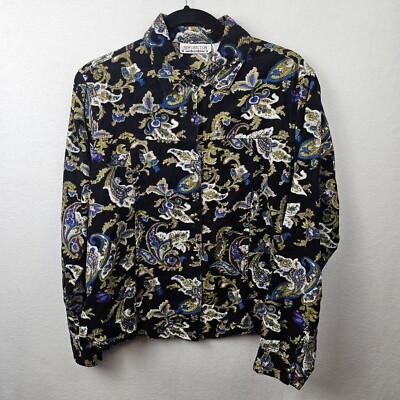 New Direction Shirt Woman s Size Medium Black Paisley Vintage Button Up