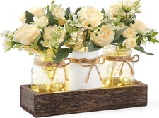 Mkono Mason Jar Lights Centerpiece Table Decor Dining Room Farmhouse Wood Tray