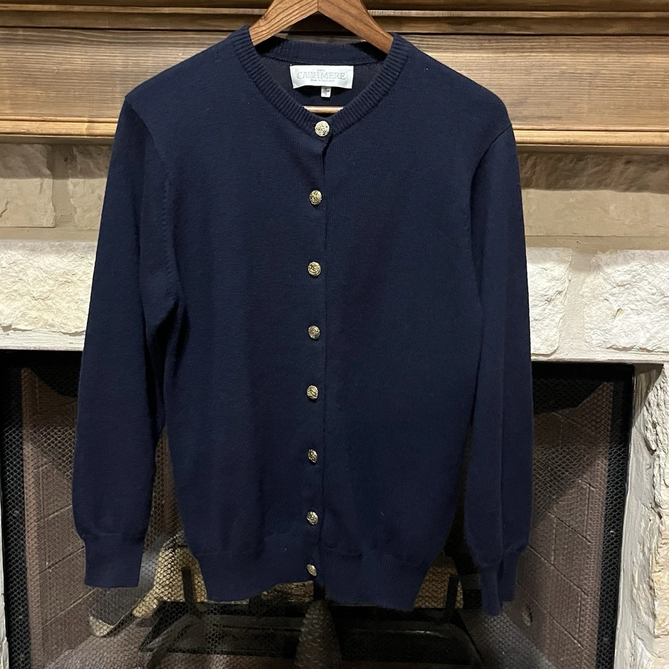 Navy Blue Cashmere Cardigan Sweater Gold Tone Buttons Made in Scotland - Image 2 of 4