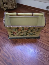 Vintage Wood Carved Inlaid Magazine Rack with Floral Design