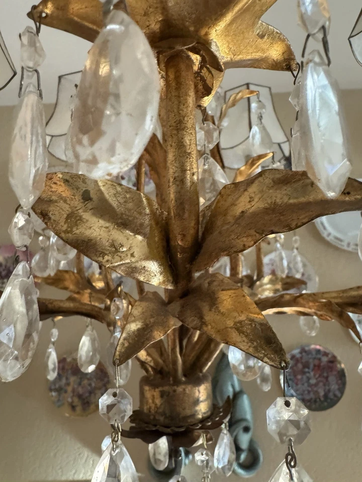 Vintage 60s Italian Florentine Gold Gilt Crystal Chandelier - 5 Candlelight Arm - Image 3 of 4