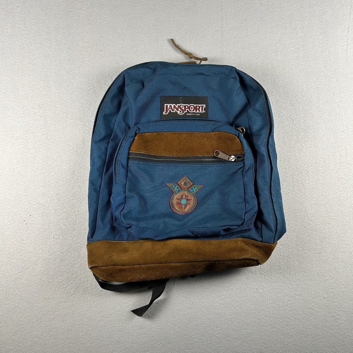Jansport Backpack Aztec Blue Suede Leather Bottom Cool Student Vintage Day  Pack
