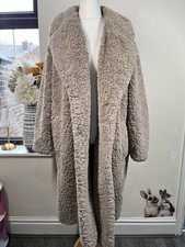 M&S Teddy Coat Beige Long Faux Fur Coat Oversized Warm Winter Coat Size 18