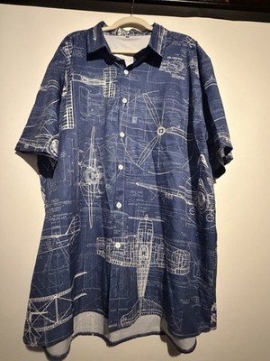 Men's XL Blue Aviation Blueprint Graphic Print Spread Collar Button-Up. F6045