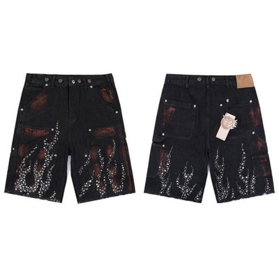 Hellstar Studded Fire Diamond Denim Shorts Rhinestone Streetwear Ripped  Bermuda