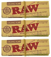 3 Pack Raw Organic Connoisseur Pack 1-1/4 Cigarette Rolling Papers & Tips - 3216