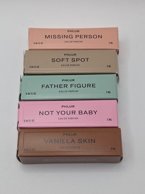 5 PHLUR Missing Person, Soft Spot, Vanilla Skin Eau de Parfum .06 Oz Samples