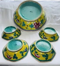 1930's Chinese Export Famille Porcelain Bowl Set Turquoise Yellow Pink Peony