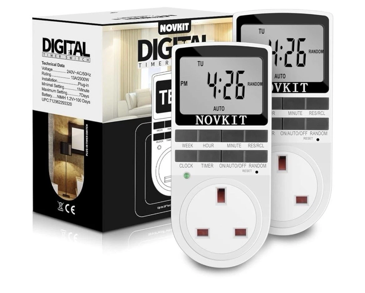 2 X NOVKIT Digital Security Timer Plug Socket Programmable Switch Timer with 10