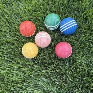 Set 6 Vtg Forster Wooden Croquet Balls 3-Stripe Ribbed 3.5"