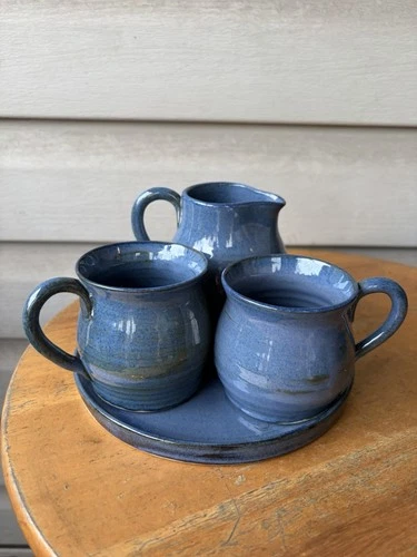 Blue Speckled Coffee Art Pottery Set Cups Creamer On Tray Signed CT-Set Of 4