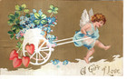 ANTIQUE EMBOSSED VALENTINE Postcard      CUPID, BLUE DRAPE, PULLING CART, HEARTS — photo 1