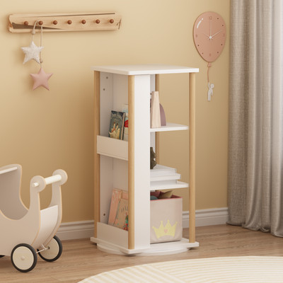 360° Rotating Kids Bookshelf with Chalkboard 3-Tier Wood Floor RevolvingBookcase