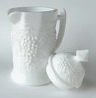 Imperial Glass Vintage Grape & Vine Milk Glass Syrup/Milk Pitcher w/Locking Lid