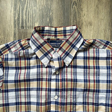 VTG 70s Career Club Men's M Blue Beige Plaid Short Sleeve Button-Down Shirt